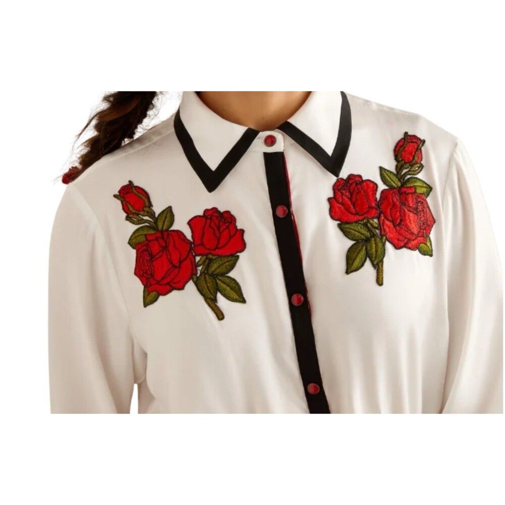 ARIAT X RODEO QUINCY Embroidered Rose Rodeo Shirt Roses Red Sz Med EUC